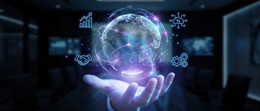 digital transformation global business technology network cloud computing international partnership data analytics future connectivity with icons representing innovation and growth.