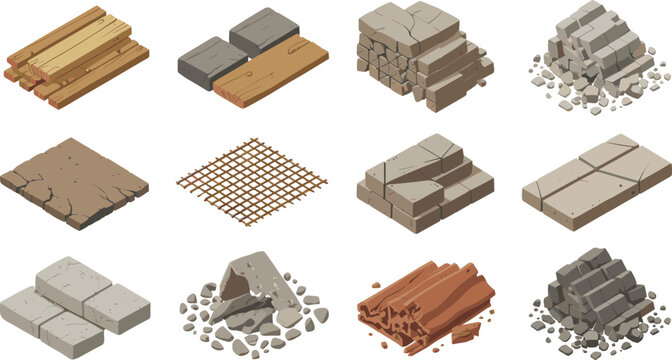 Construction materials vector set with wood planks bricks stones concrete rubble metal grid building resources illustration isolated