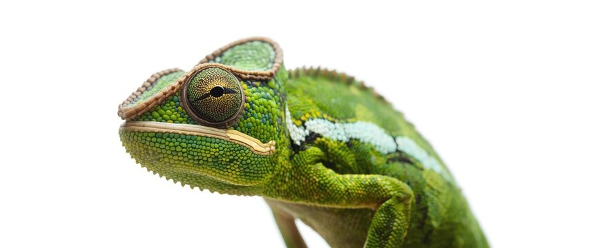 Detailed view of a colorful green chamaeleo calyptratus facing forward, species called veiled, cone-head, or Yemen chameleon