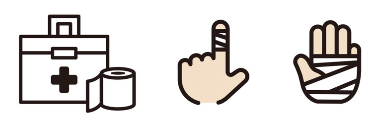 手に包帯を巻いているイラスト。救急箱とガーゼ。Bandage icon.