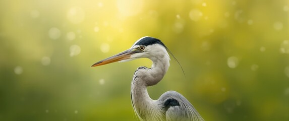 Fototapeta premium Detailed shot of a heron against a green and yellow background, showcasing nature, white feathers, animal elegance, green and black accents, bird portrait and eye