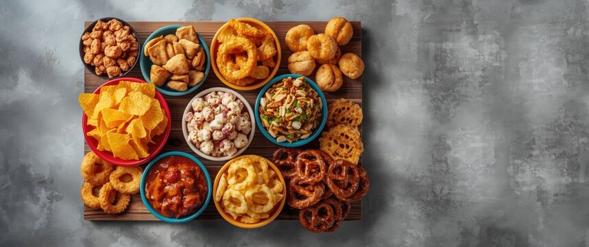 Unhealthy Snack Assortment: Chips, Popcorn, Nachos, Pretzels, Onion Rings Displayed in Bowls - Flat Lay, Top View