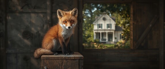 Obraz premium Wooden box with a fox in an open-air cage