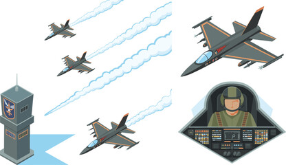 Military fighter jet aviation vector set with cockpit pilot airbase control tower formation flight defense illustration isolated © MdAhasan