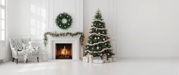 White room interior including a fireplace, Christmas trees decorated with artificial snow and garlands, a sofa, plaid with pillows, lanterns, a white teddy bear, New Year's gift boxes, and a wreath