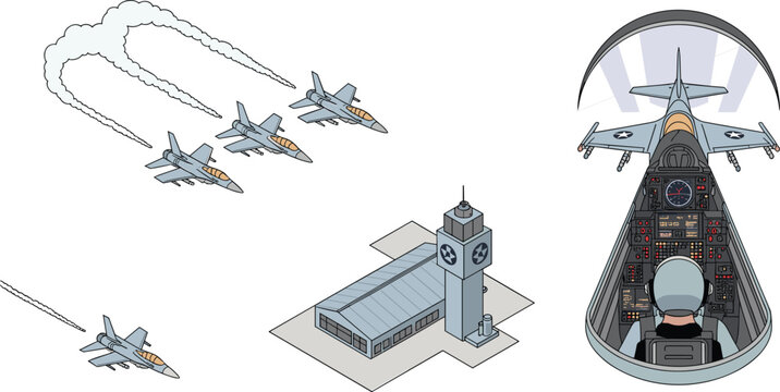 Military fighter jet aviation vector set with cockpit airbase control tower formation flight defense illustration isolated white background