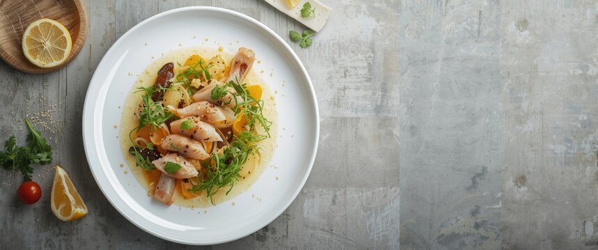 Carpaccio of Yellowtail buri with Chinese yam, accompanied by salad and vinegar