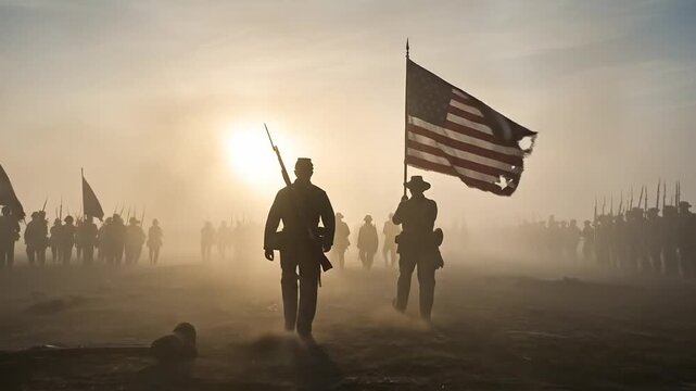 Civil War Soldier Silhouette Marching on Misty Battlefield with Flag