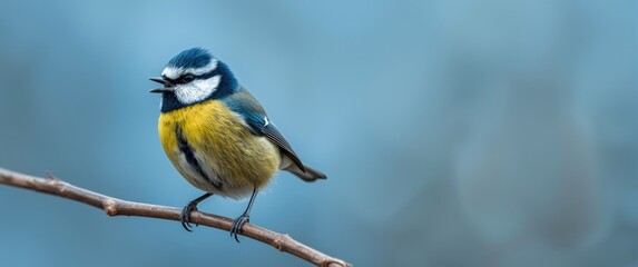 Fototapeta premium Cyanistes caeruleus, the Blue tit, against a blue backdrop