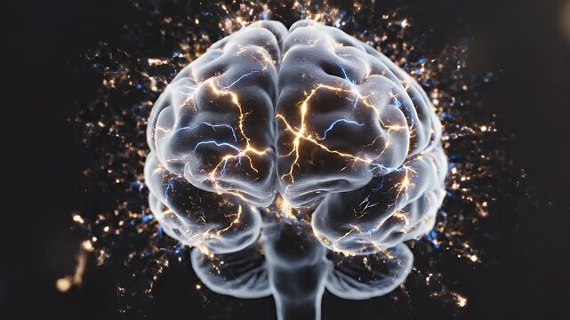 Brain Synaptic Firing Visualization - A digital visualization of a human brain shows synaptic firing and glowing neural pathways.