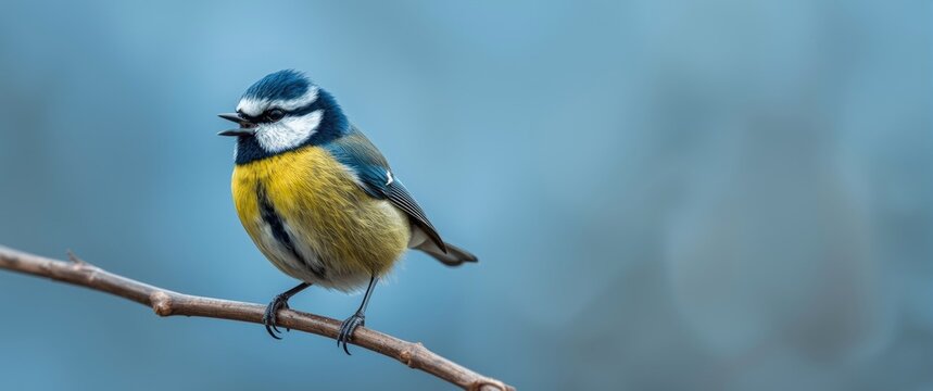 Cyanistes caeruleus, the Blue tit, against a blue backdrop