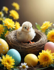 Adorable Chick in Nest with Easter Eggs and Spring Flowers