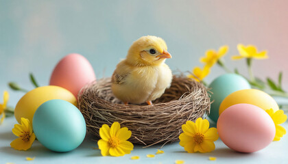 Easter composition with yellow chick and colorful eggs on blue background.