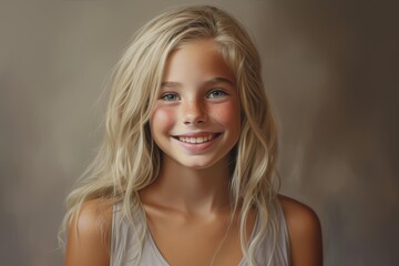 Naklejka premium Blonde young girl with freckles smiling and looking at the camera, embodying youthful happiness