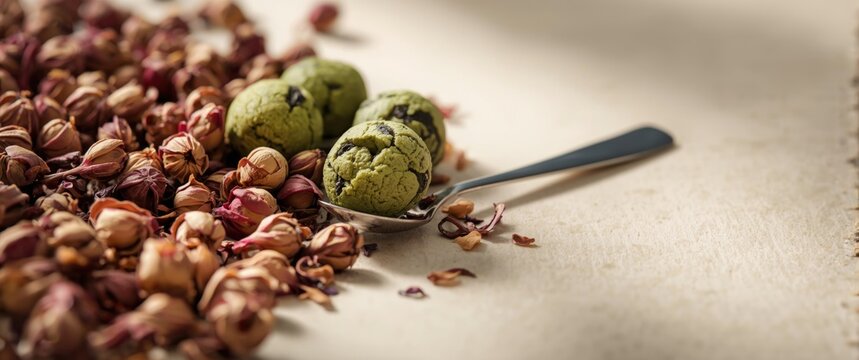 Close-Up of Green Tea Balls Featuring Dried Rosebuds and a Teaspoon - Light Background Macro Shot