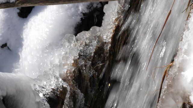 Macro shot of crystal clear water flowing through a small cascade in a mountain creek. The edges of the rocks are covered in frozen ice and frost during a cold winter day.