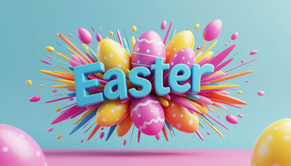 Easter background with colorful eggs and lettering. 3d rendering