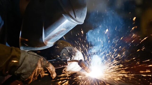 Welder in action sparks fly in industrial production environment