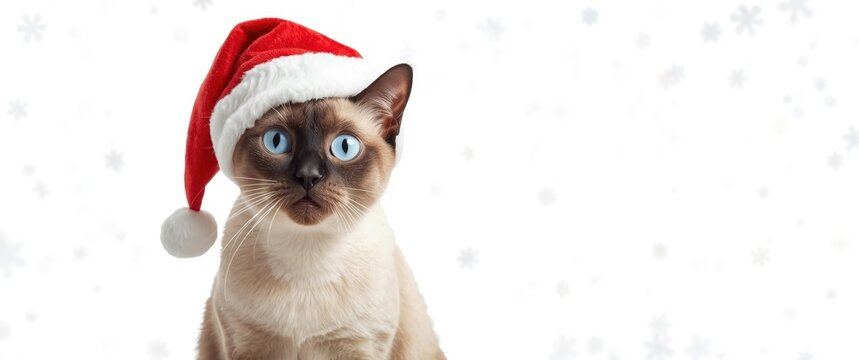 Humorous Siamese Cat with Hat, Wide-Eyed and Panicked on White Background