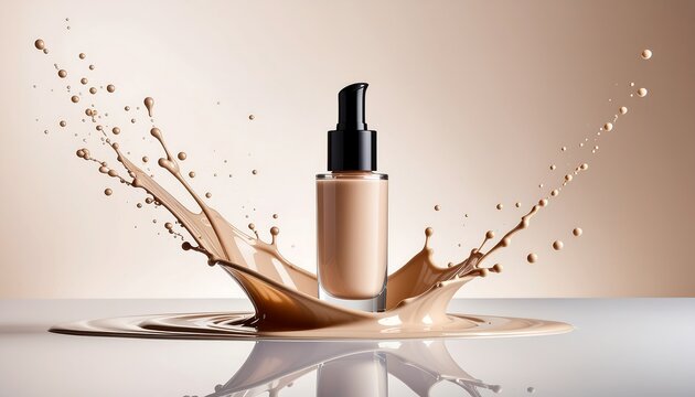 Dynamic Splash of Beige Liquid Foundation with Droplets Around Cosmetic Bottle