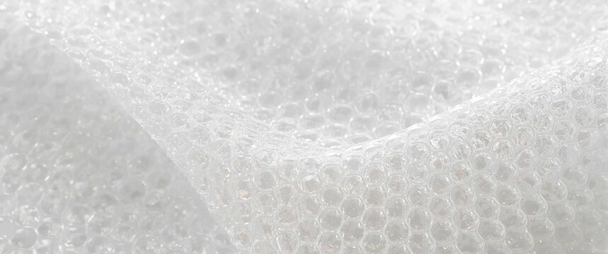 Texture and background details of white transparent bubble wrap plastic up close