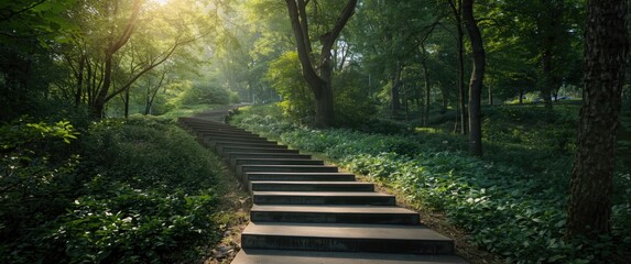Obraz premium A tranquil park with concrete steps and a winding narrow path amidst trees for relaxing strolls