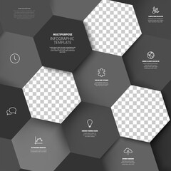 This infographic template features a professional hexagonal layout with image placeholders. Use this infographic template to create a clean business infographic for your presentation.