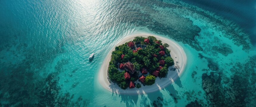 Bird's-eye view of a Balabac, Philippines tropical island featuring red roof huts, white sandy beaches, and colorful turquoise waters bordered by coral reefs