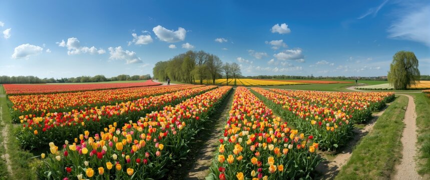 Colorful tulip fields during spring in the Dutch landscape, ideal for tourism and environmental beauty