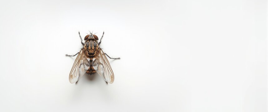 Isolated white housefly from above, Musca domestica, showing dirt and details