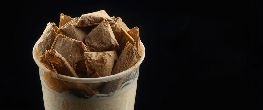 Old brown teabags piled inside a dirty plastic cup