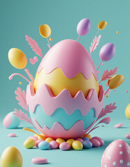 Easter egg with colorful eggs and confetti on blue background. 3d render