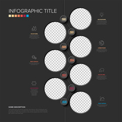 A dark business vertical timeline infographic featuring circle placeholders for photos. This vertical timeline template includes text segments for yearly business milestones.