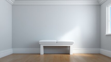 Fototapeta premium Minimalist interior design featuring a simple white bench against a light gray wall with natural sunlight streaming through a nearby window