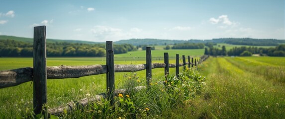 Fototapeta premium Lush green landscape in Lithuania features rustic wooden fences under a bright blue sky
