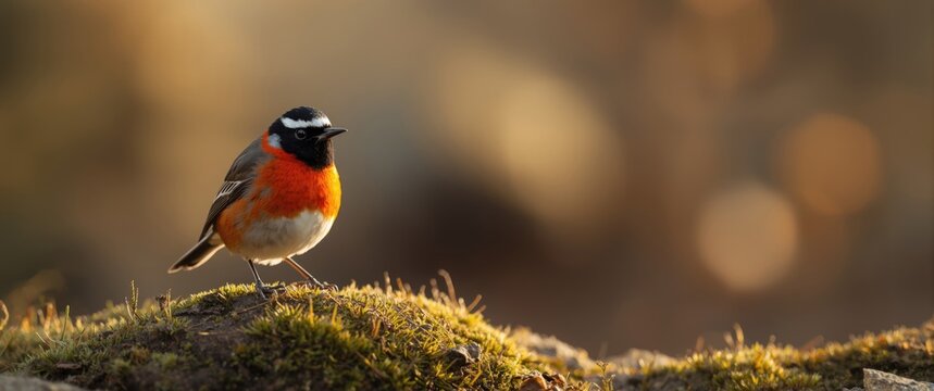 Isolated Redstart on a rock against a blurry backdrop