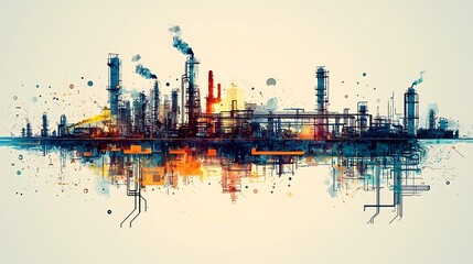 Obraz premium Industrial Silhouette with Colorful Accents: A stylized representation of an industrial landscape, featuring towering structures, smokestacks, and intricate pipe networks.