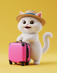 Cute 3D cartoon cat ready for vacation with a pink suitcase