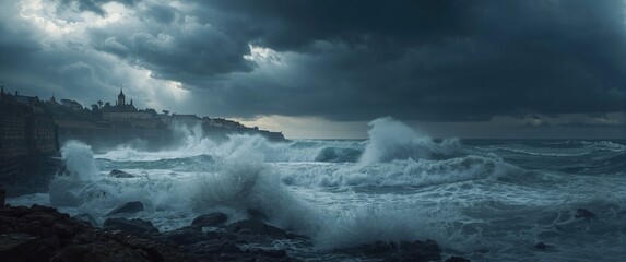 Obraz premium Stormy seascape featuring bad weather and thunderstorms