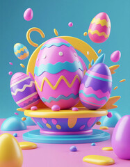 3d render of easter eggs with confetti on pastel background