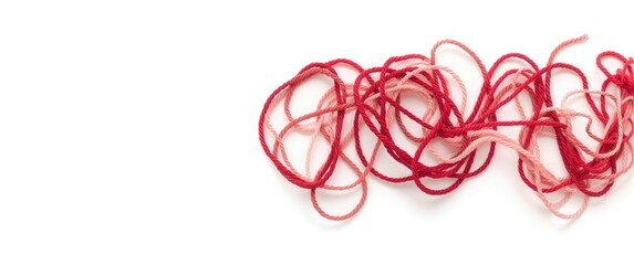 Fototapeta premium Tangles of red and pink knitting threads on a white background, texture, isolated, wool ball, couple, beautiful, white