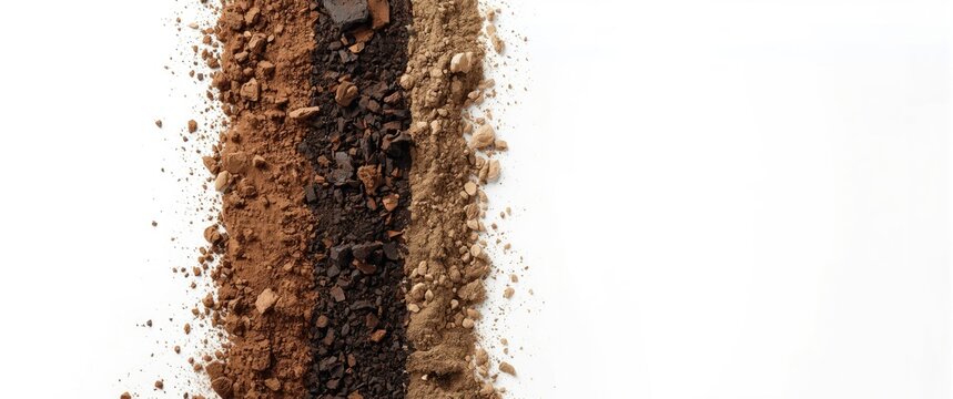 Different soil types showcased on a white background, isolated