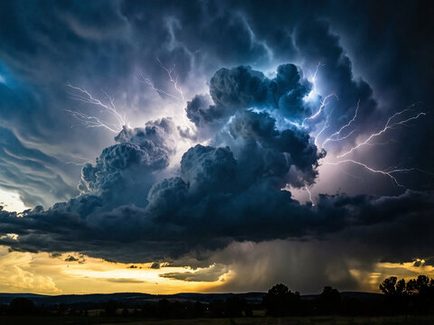 dramatic pre-storm sky: massive dark blue and gray cumulonimbus clouds illuminated from within by multiple cloud-to-cloud lightning flashes
