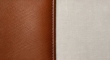 Fototapeta premium Close-up texture of rich brown leather stitched to a beige woven fabric, showcasing contrast and quality materials