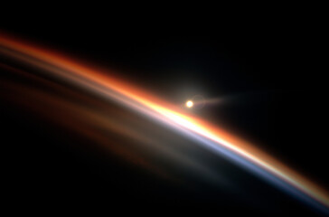 a grainy, blurry screen capture of an orange and blue light at the edge of space, against a black background, in a colorful composition,