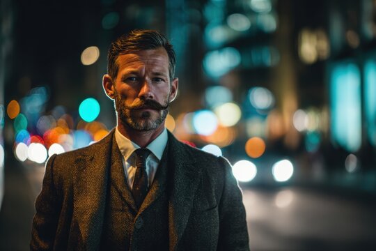 A man with a mustache in a tweed suit stands on the city streets at night.