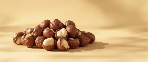 Fototapeta premium Hazelnut in brown color: Organic healthy snack, group of food ingredients, filbert nutshell seed, natural protein fruit macro, vegetarian nutrition