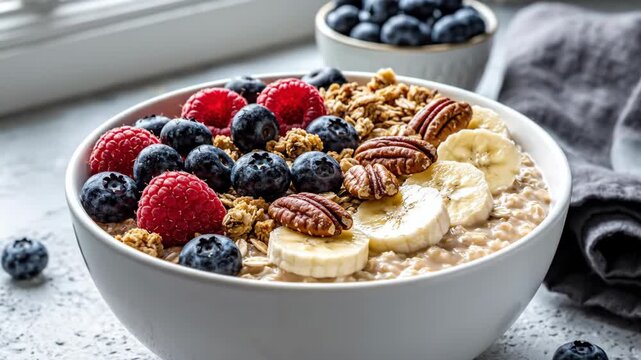 Delicious warm oatmeal breakfast bowl topped with colorful fresh berries banana slices and crunchy pecans