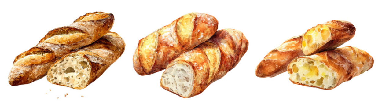 French bakery collection featuring watercolor baguettes, pastries, and breads. Vector food icons ideal for restaurant menus, packaging design, or gourmet branding. Vector illustration.