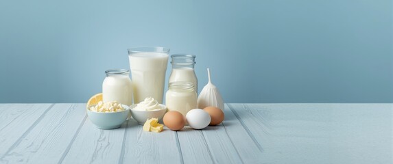 Assorted fresh dairy items such as milk, cottage cheese, eggs, yogurt, sour cream, and butter displayed on a blue background